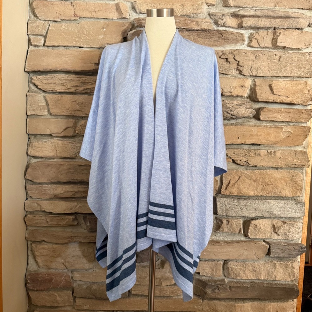 J. Jill Blue Wool Blend Striped Open Front Wrap Poncho Ruana One Size